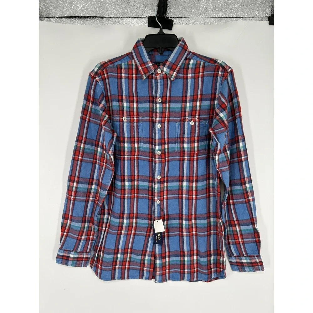 Polo Ralph Lauren Button Up Shirt Mens Small Blue Red Plaid Flannel‎ Two Pockets